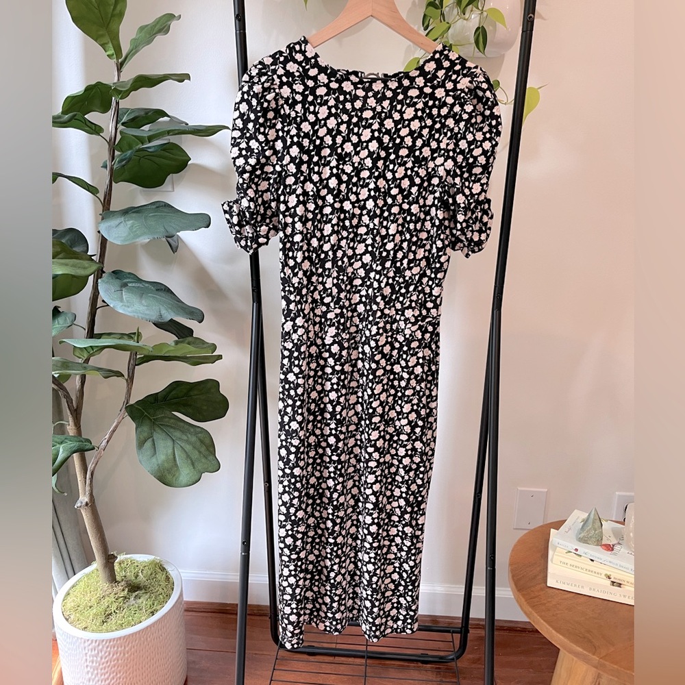 Free People Black White Floral Midi Dress Open Back Puff Sleeve Size S Stretch